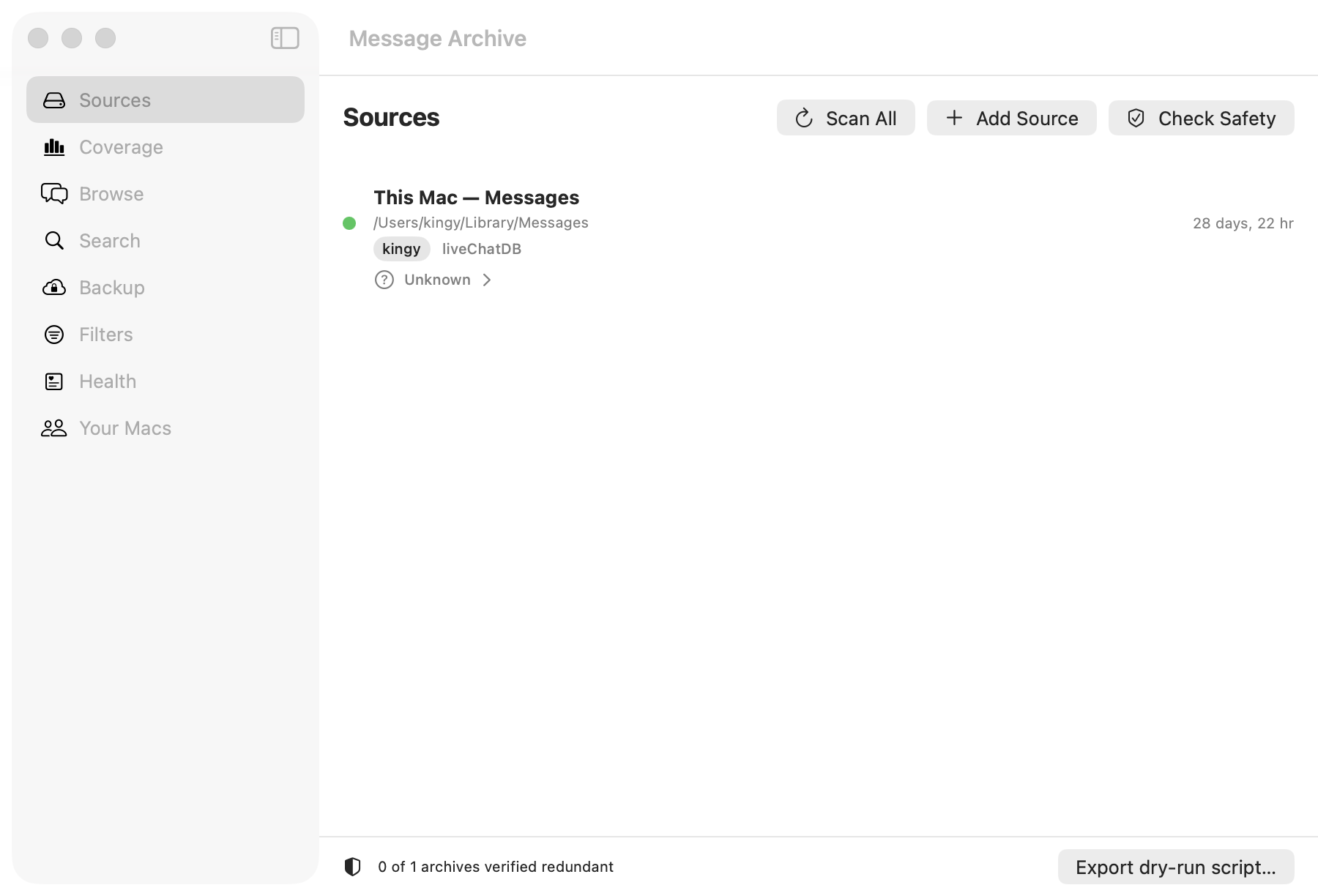 Message Archive showing the Sources screen with this Mac’s Messages database registered